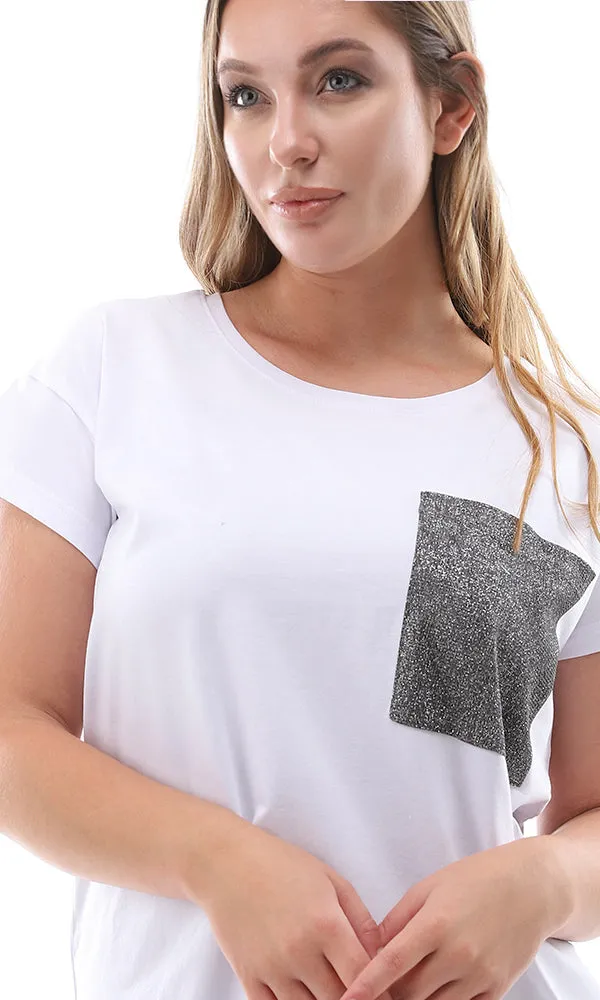 94765 Front Patched Glittery Pocket Short Sleeve White Tee