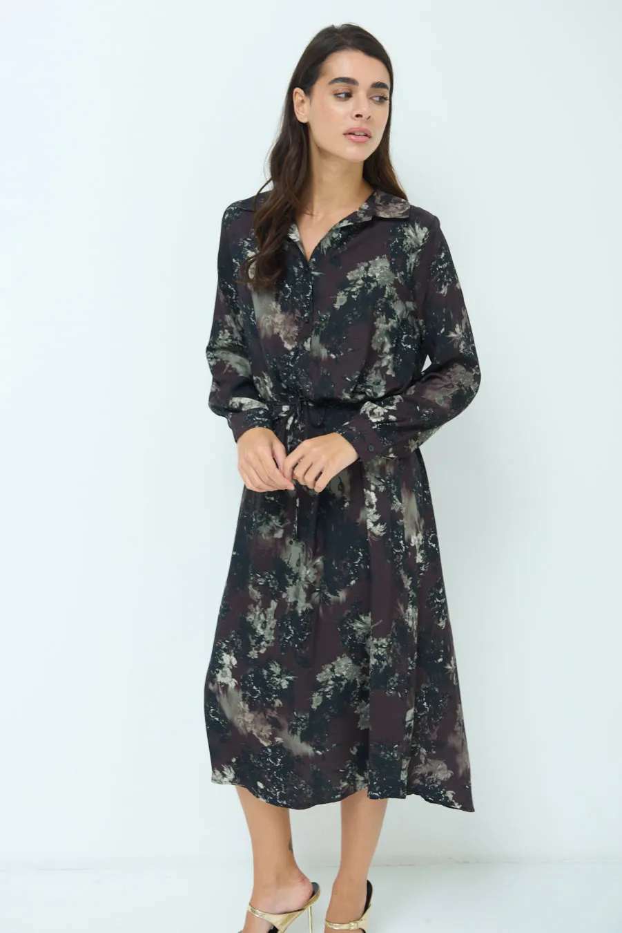 Abstract print button-up midi dress wholesale