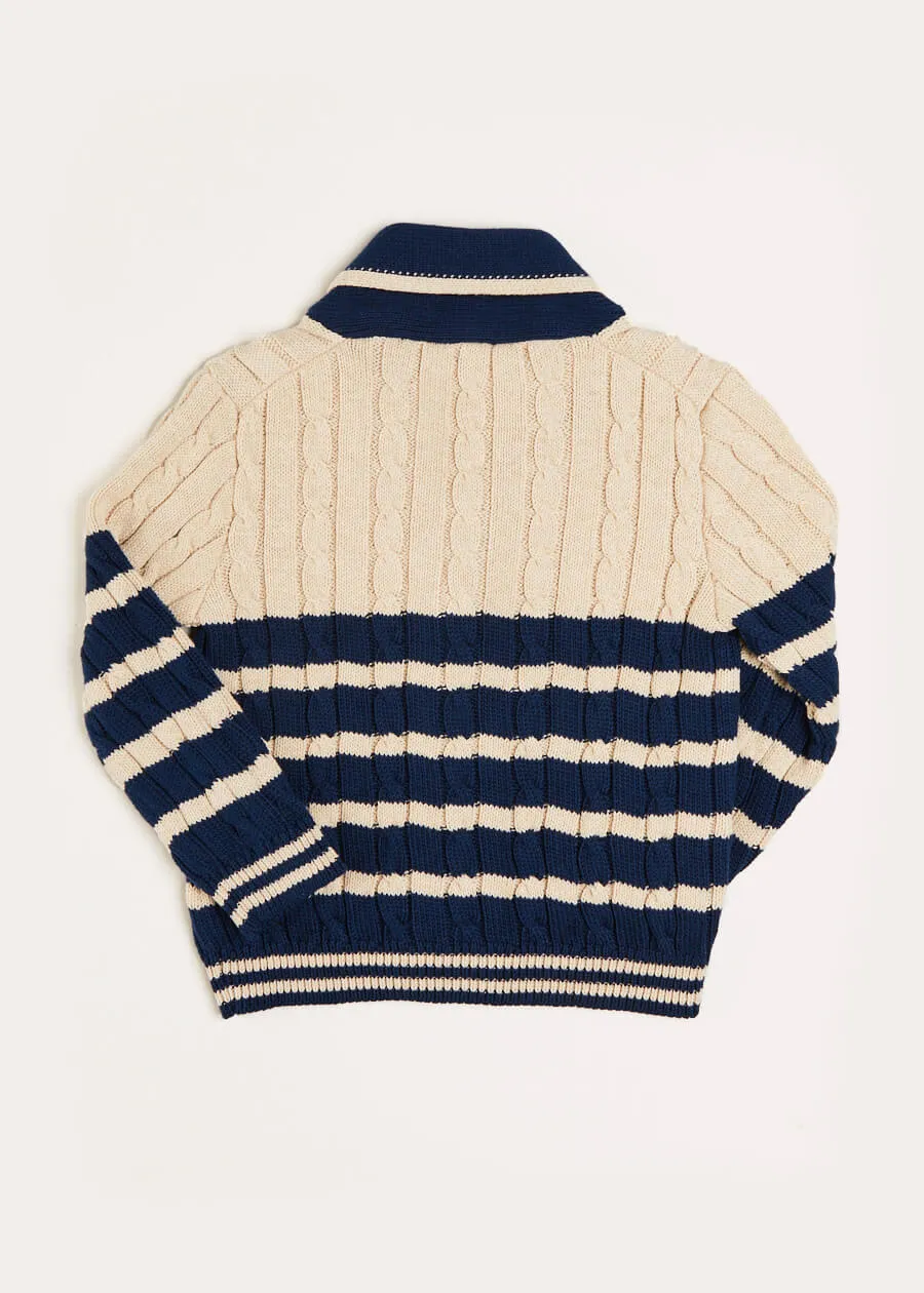 Anchor Motif Striped Cable Knit Cardigan in Navy (2-10yrs)