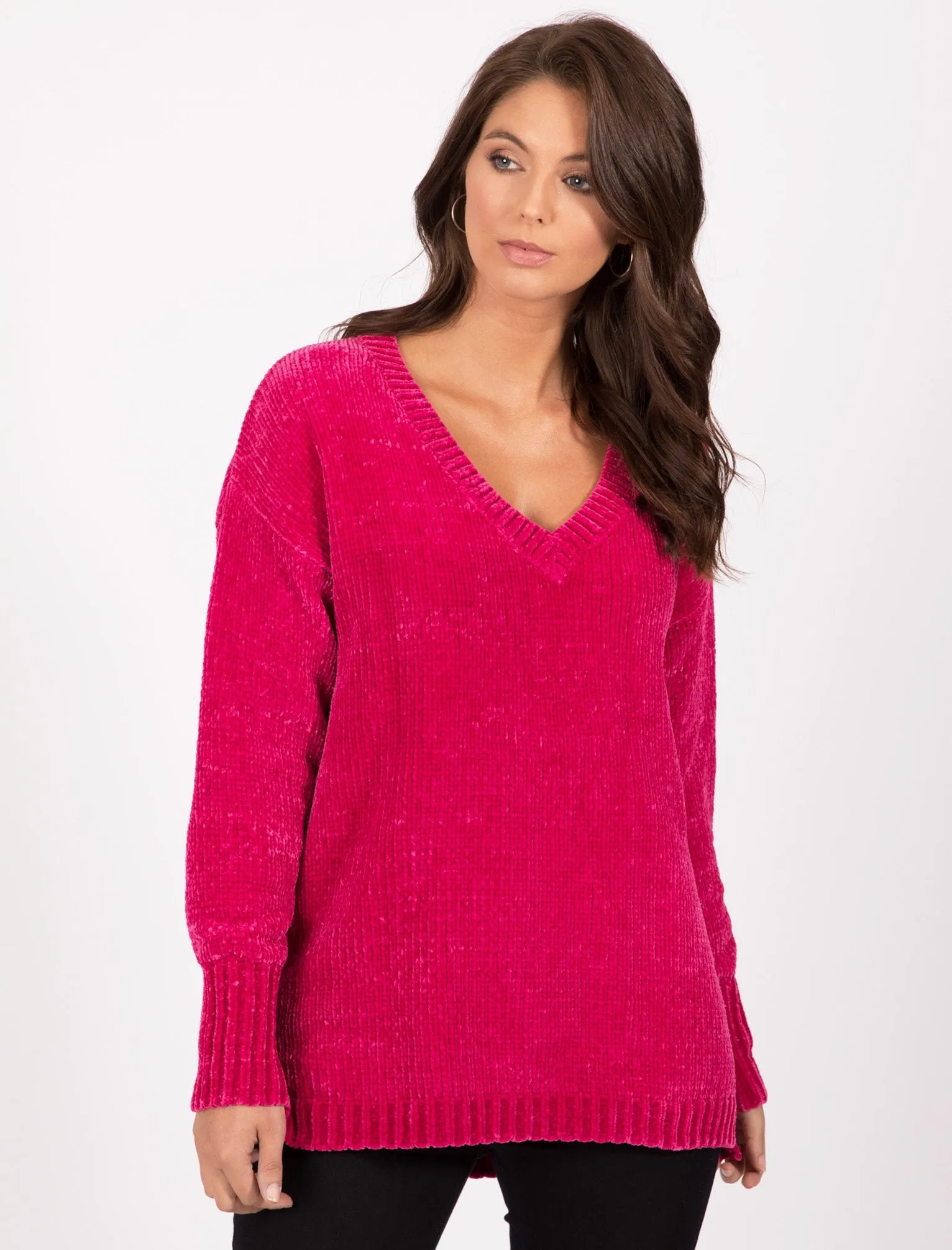 Aria V Neck Chenille Knitted Jumper in Bright Pink - Tokyo Laundry