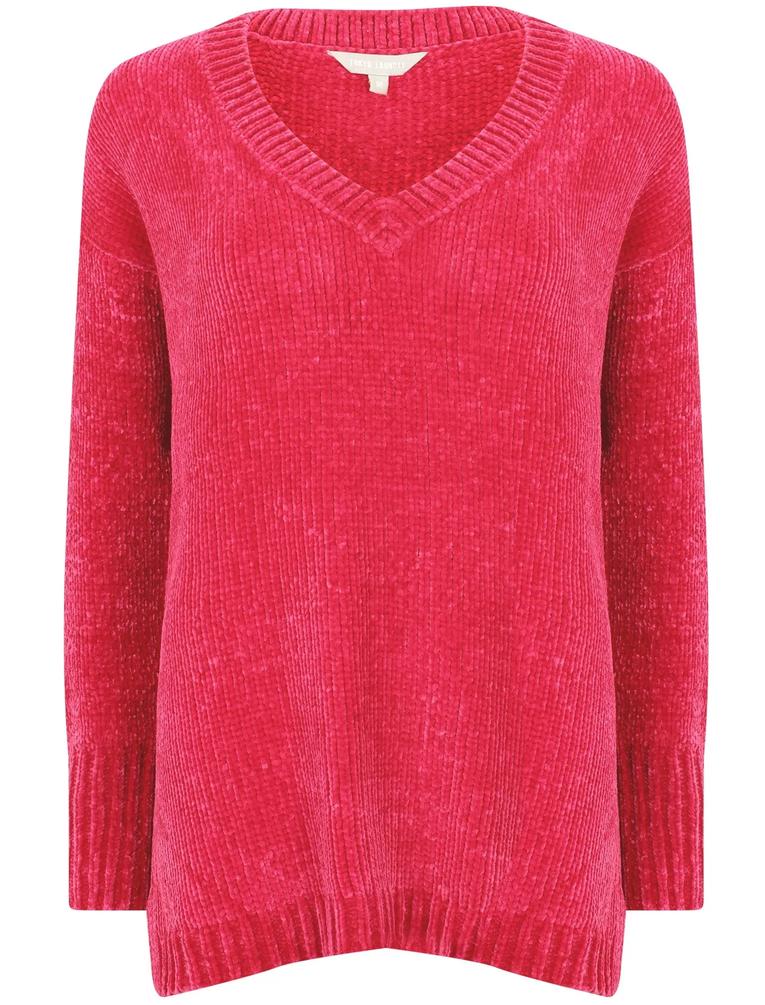 Aria V Neck Chenille Knitted Jumper in Bright Pink - Tokyo Laundry