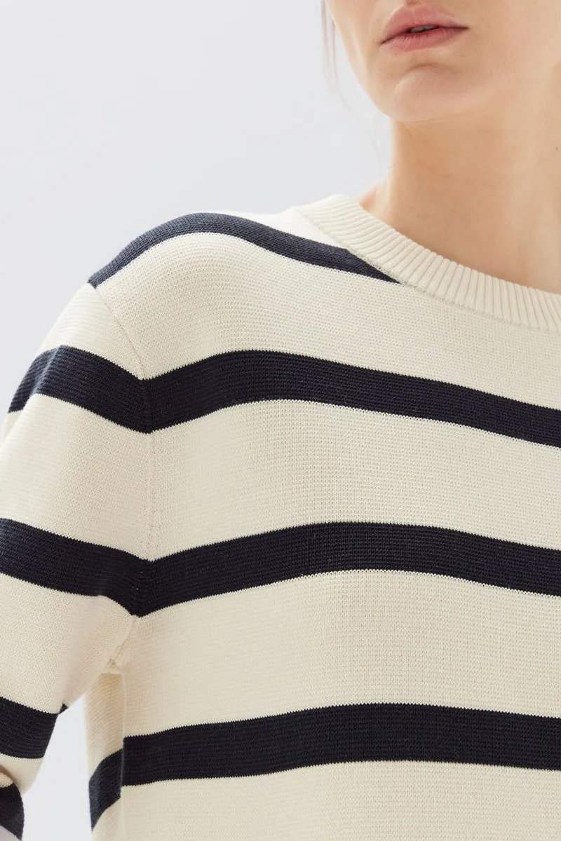 Assembly Label - Niam Stripe Cotton Crew - Antique White/Navy Stripe