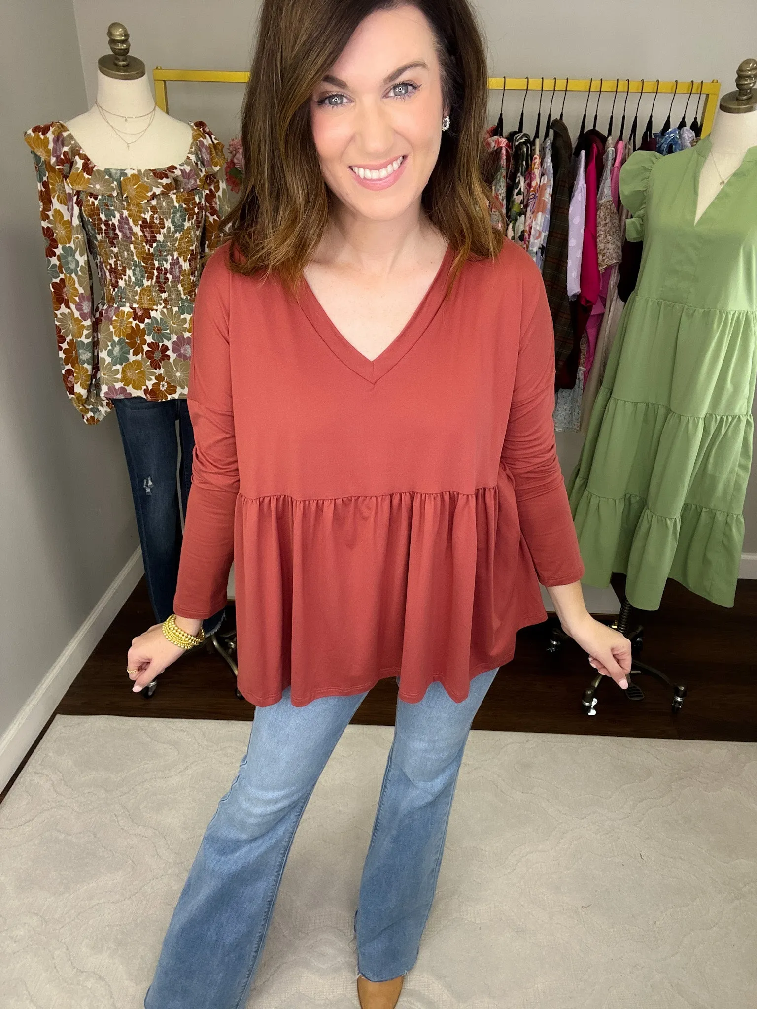 *BELLES & DOORBUSTER* Hughes V-Neck Peplum Top in Olive and Marsala