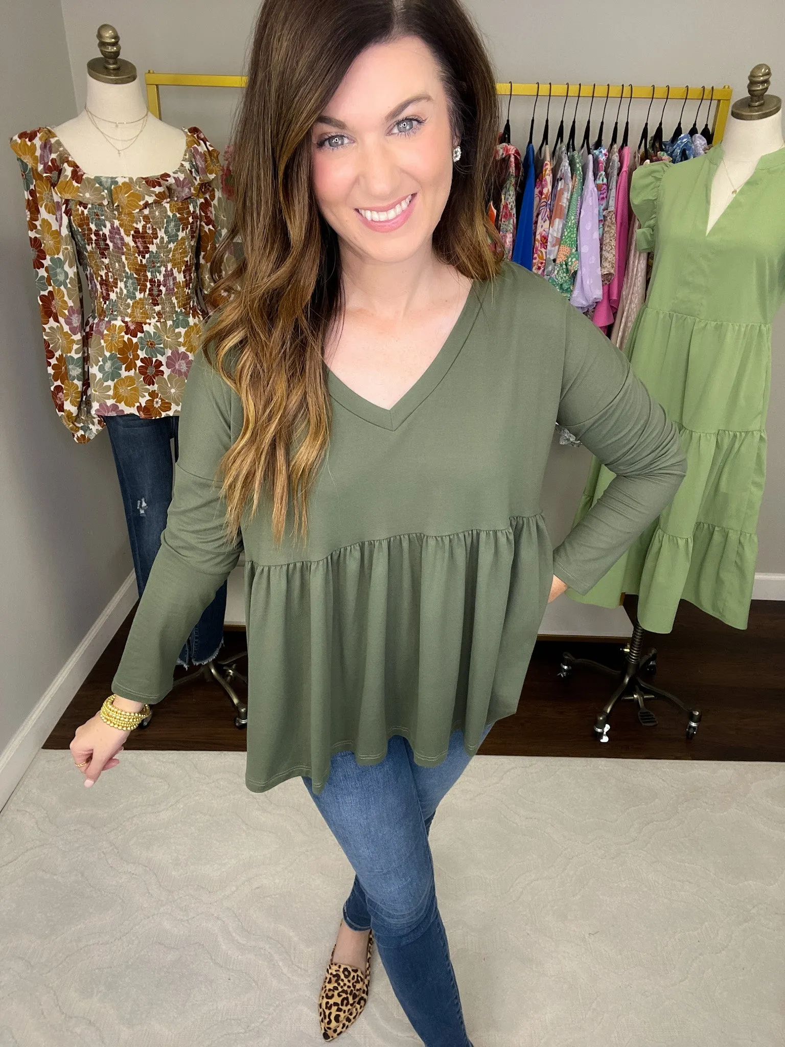 *BELLES & DOORBUSTER* Hughes V-Neck Peplum Top in Olive and Marsala