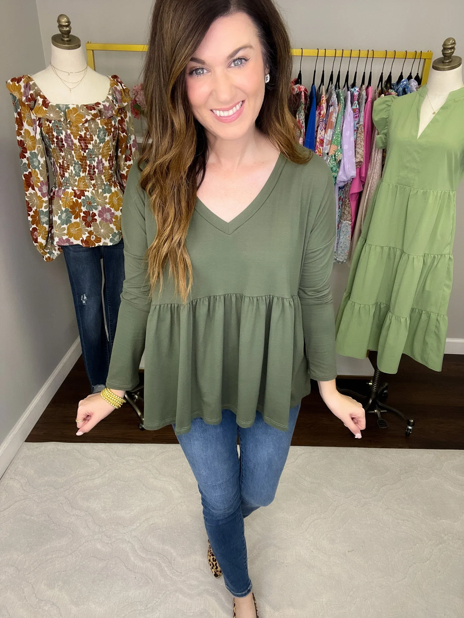 *BELLES & DOORBUSTER* Hughes V-Neck Peplum Top in Olive and Marsala