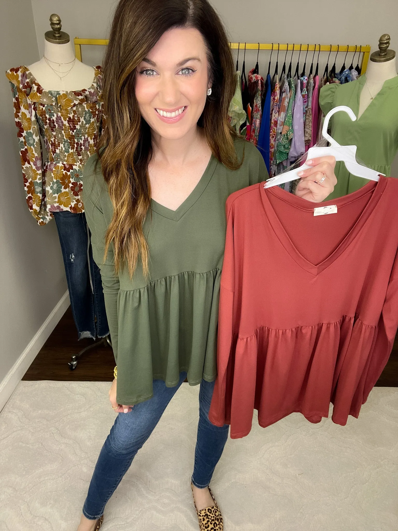 *BELLES & DOORBUSTER* Hughes V-Neck Peplum Top in Olive and Marsala