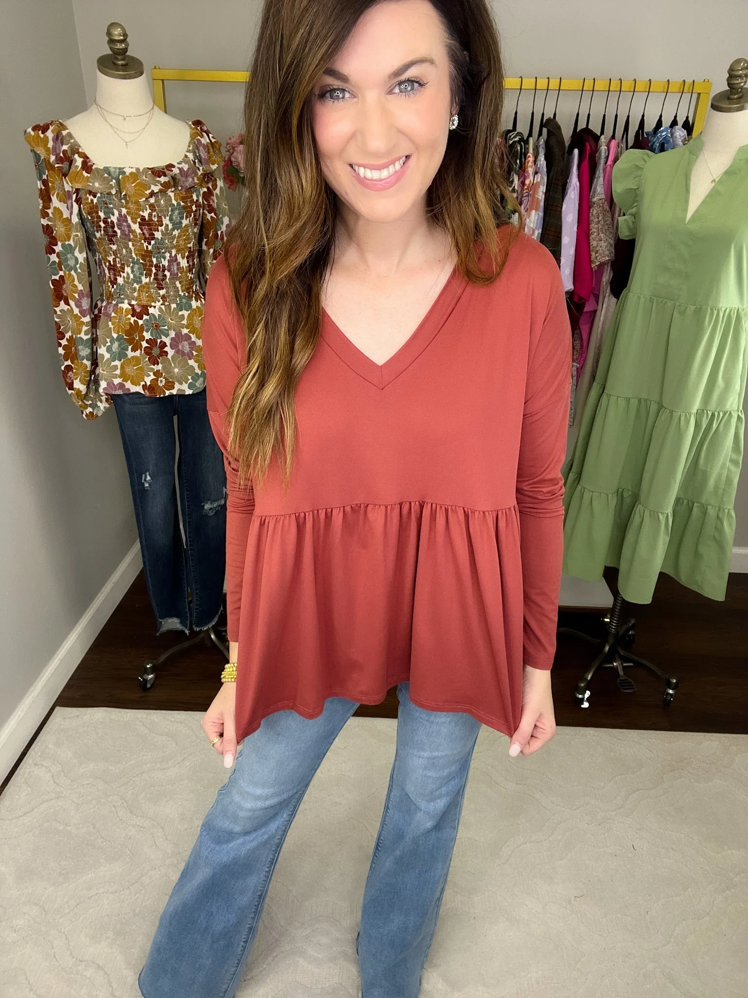 *BELLES & DOORBUSTER* Hughes V-Neck Peplum Top in Olive and Marsala