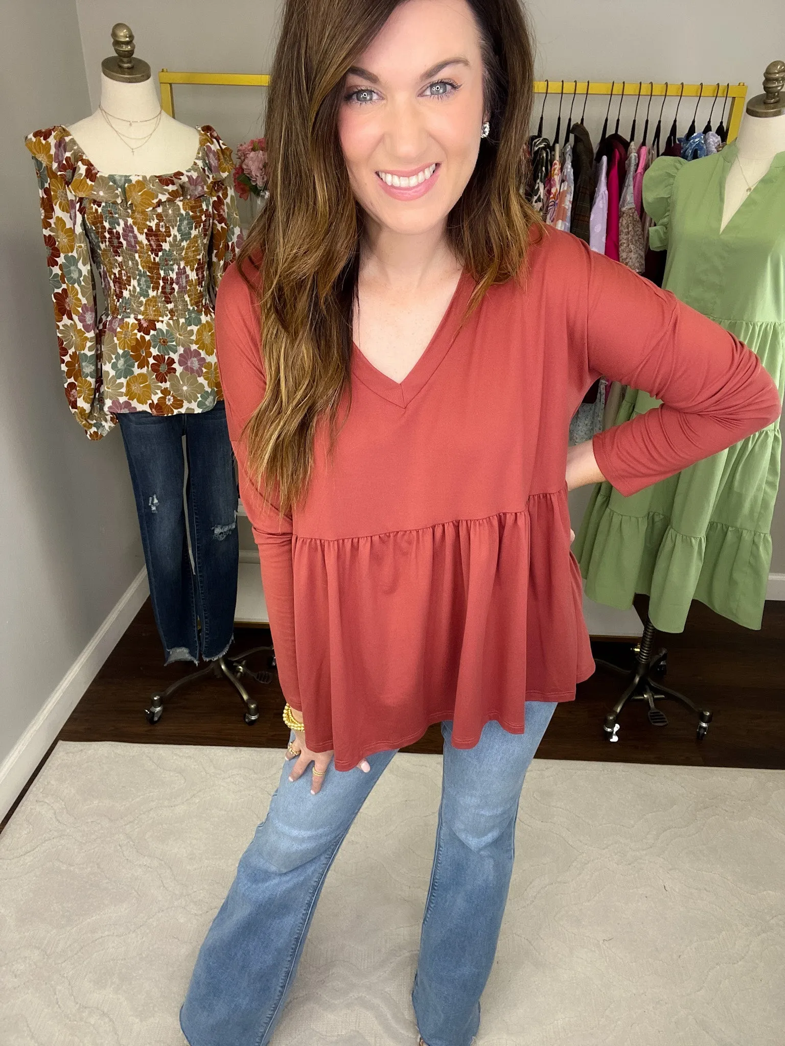 *BELLES & DOORBUSTER* Hughes V-Neck Peplum Top in Olive and Marsala