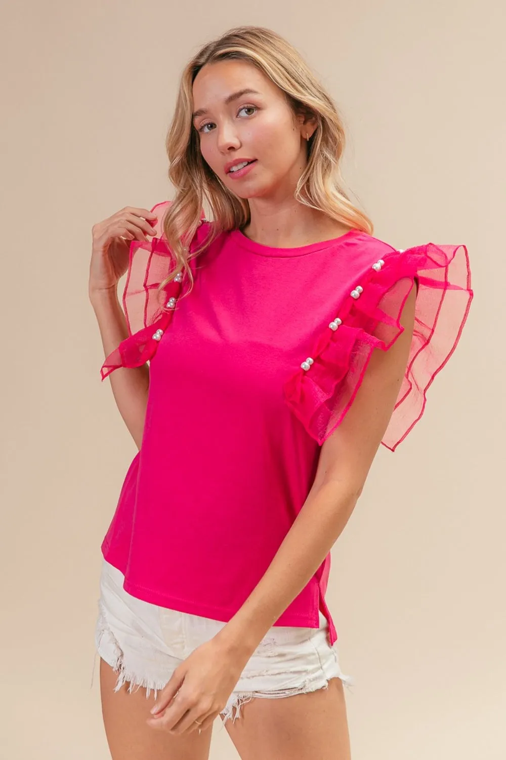 BiBi Pearl Decor Mesh Ruffle Sleeve Top