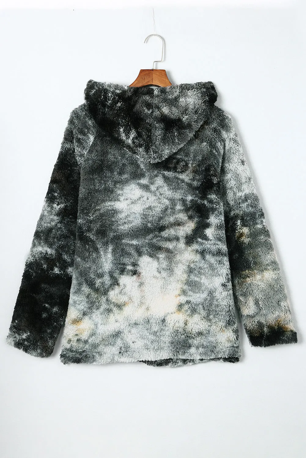 Black V-Neck Tie-Dye Plush Pullover Hoodie