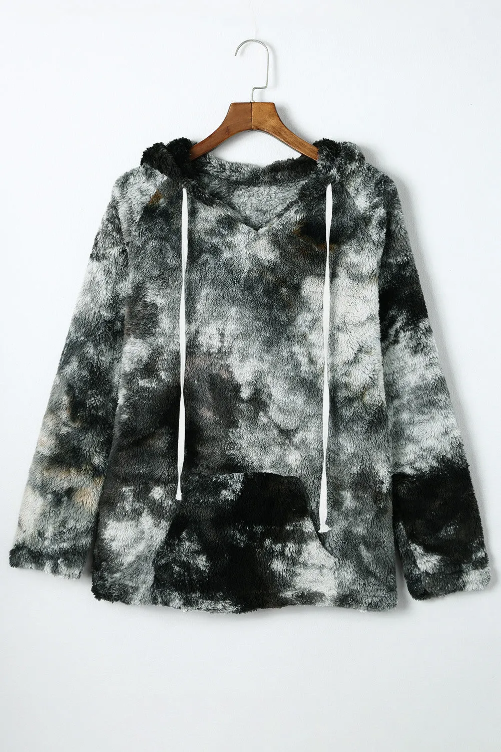 Black V-Neck Tie-Dye Plush Pullover Hoodie