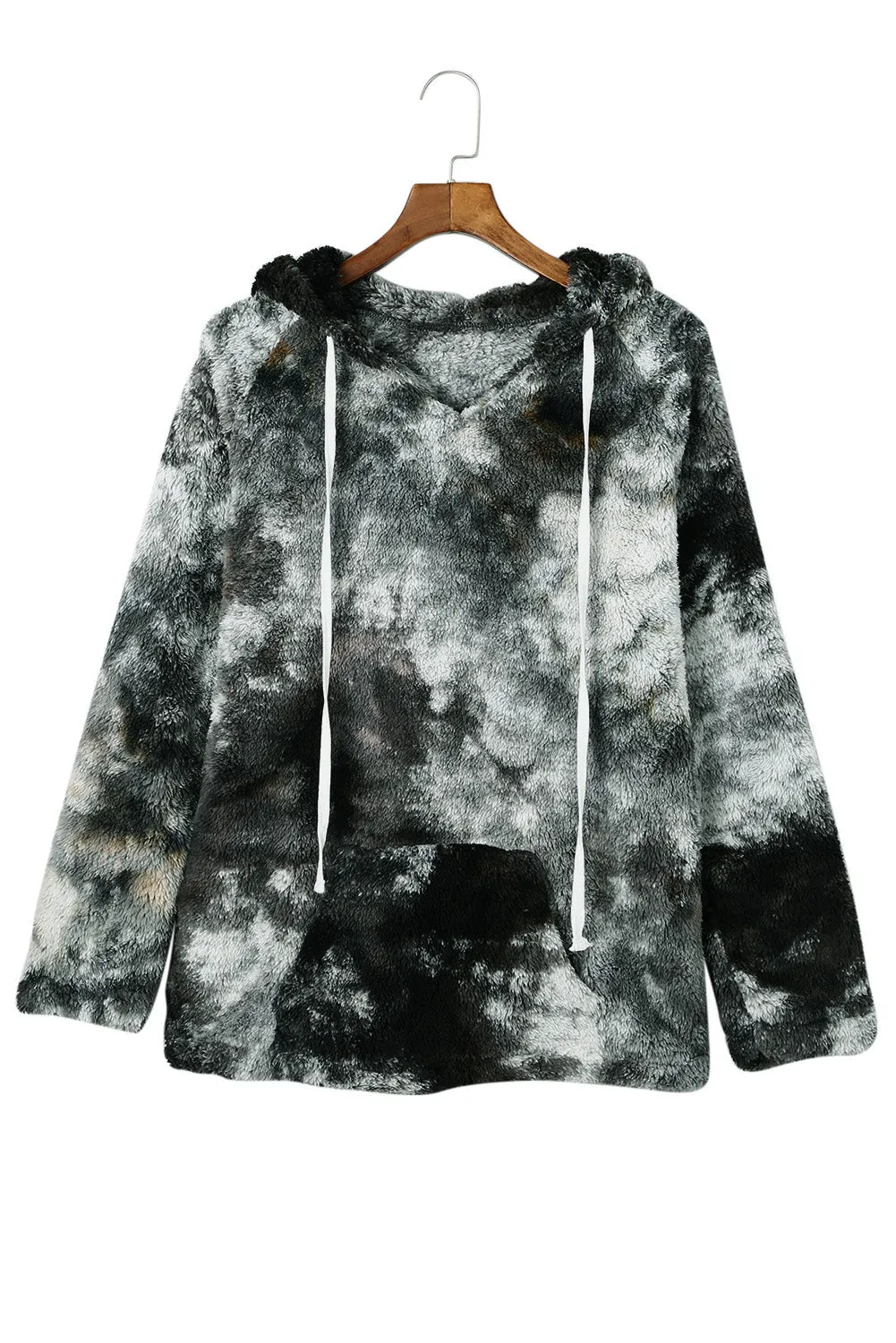 Black V-Neck Tie-Dye Plush Pullover Hoodie