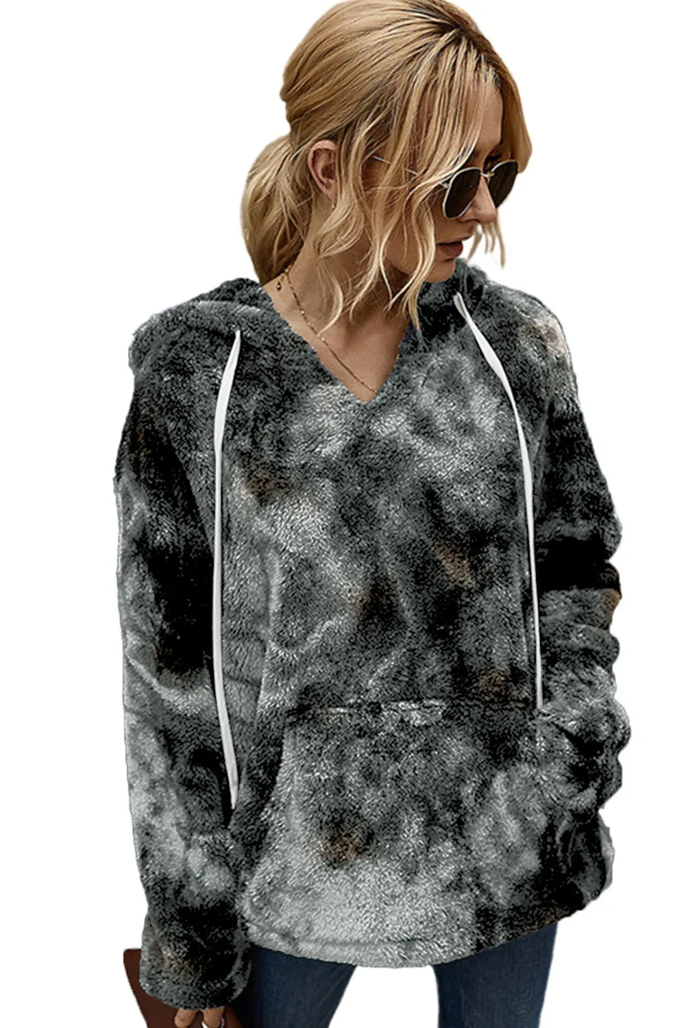 Black V-Neck Tie-Dye Plush Pullover Hoodie