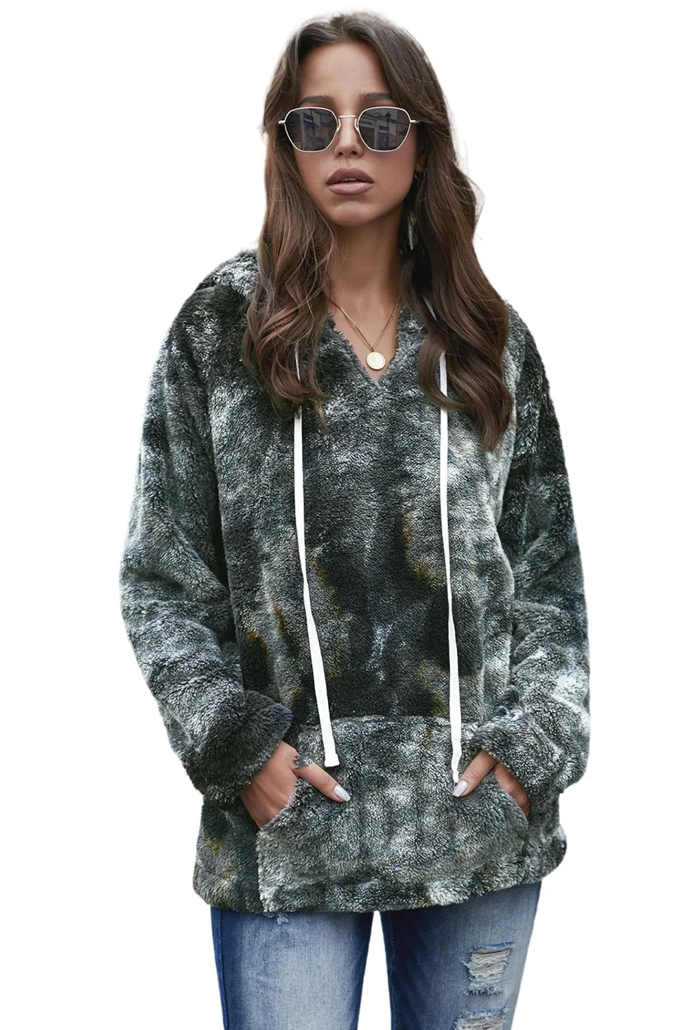 Black V-Neck Tie-Dye Plush Pullover Hoodie