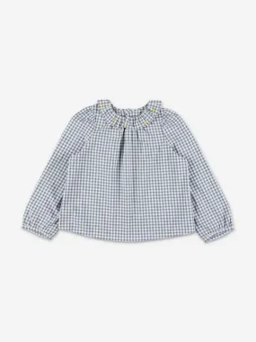 Bonpoint Girls Embroidered Gingham Blouse in Grey