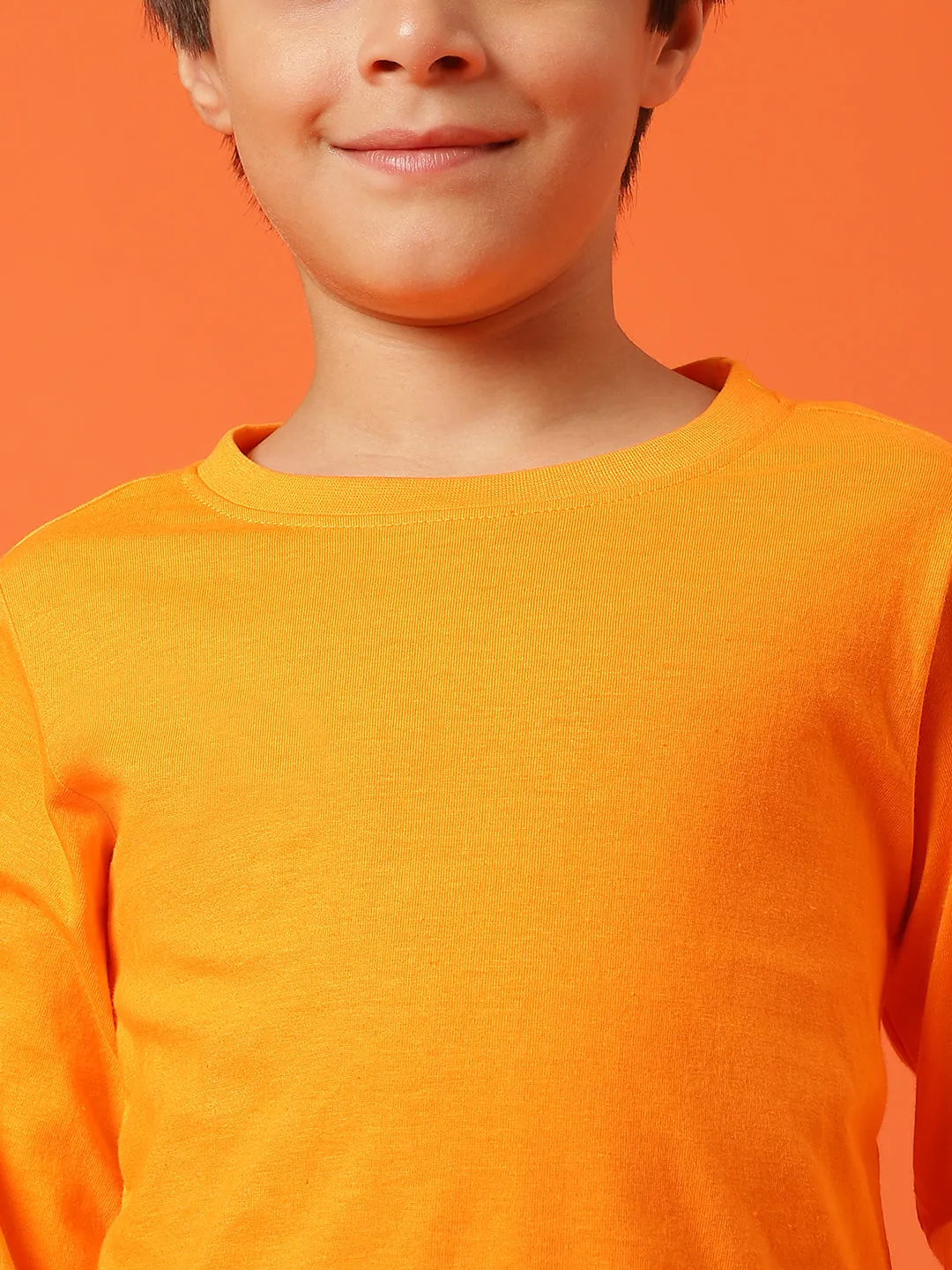 Boys Orange Cotton Regular Full Sleeve Solid T-shirt