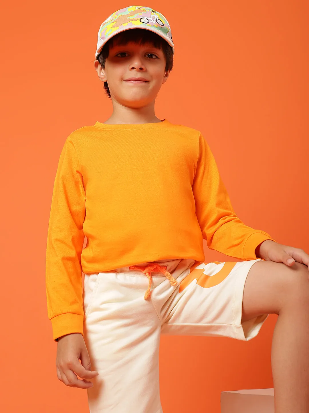 Boys Orange Cotton Regular Full Sleeve Solid T-shirt