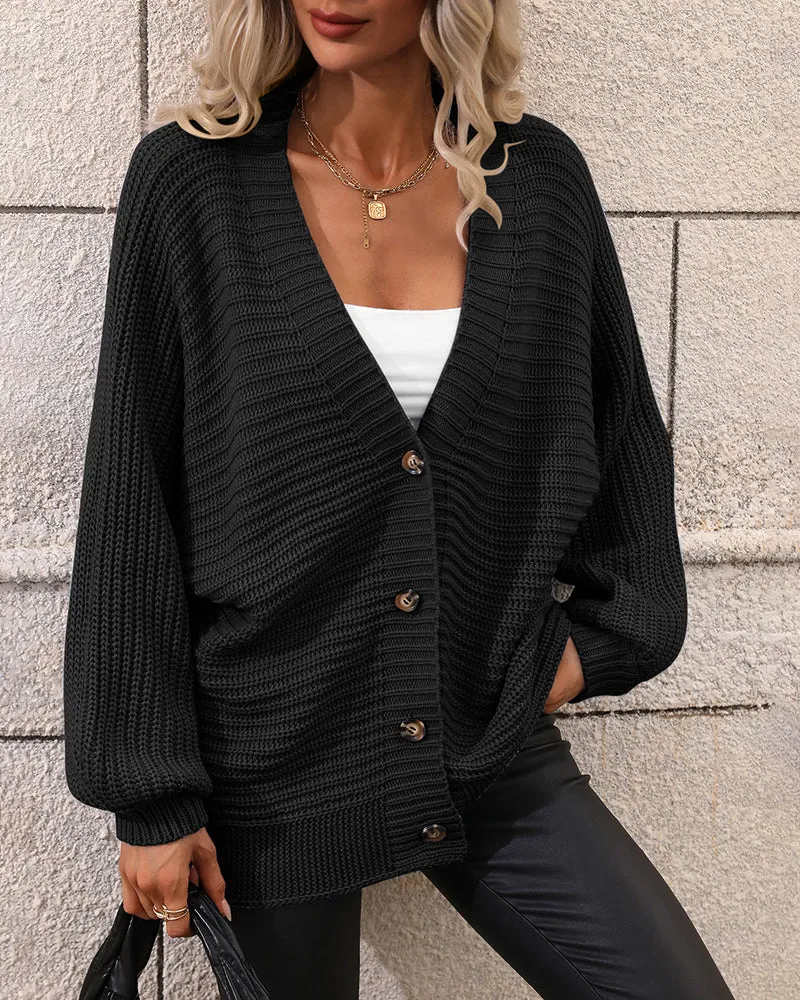 Button Down Horizontal-Ribbing Longline Cardigan