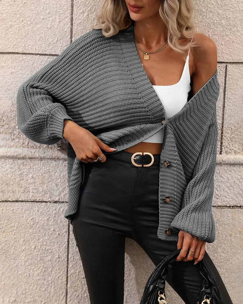 Button Down Horizontal-Ribbing Longline Cardigan