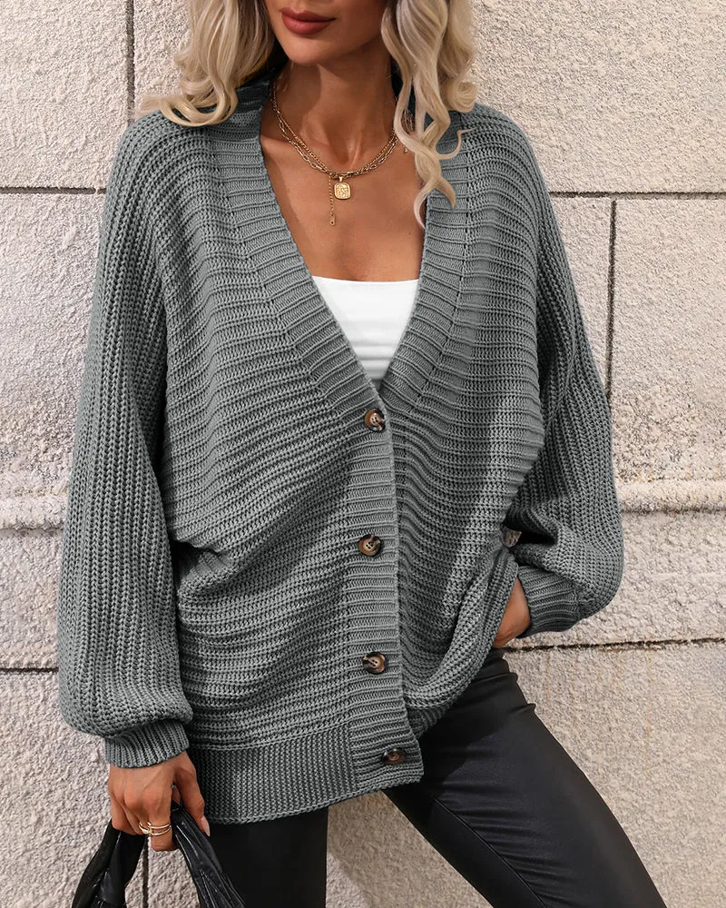 Button Down Horizontal-Ribbing Longline Cardigan