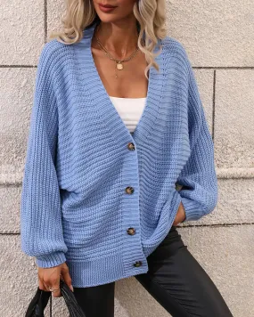 Button Down Horizontal-Ribbing Longline Cardigan