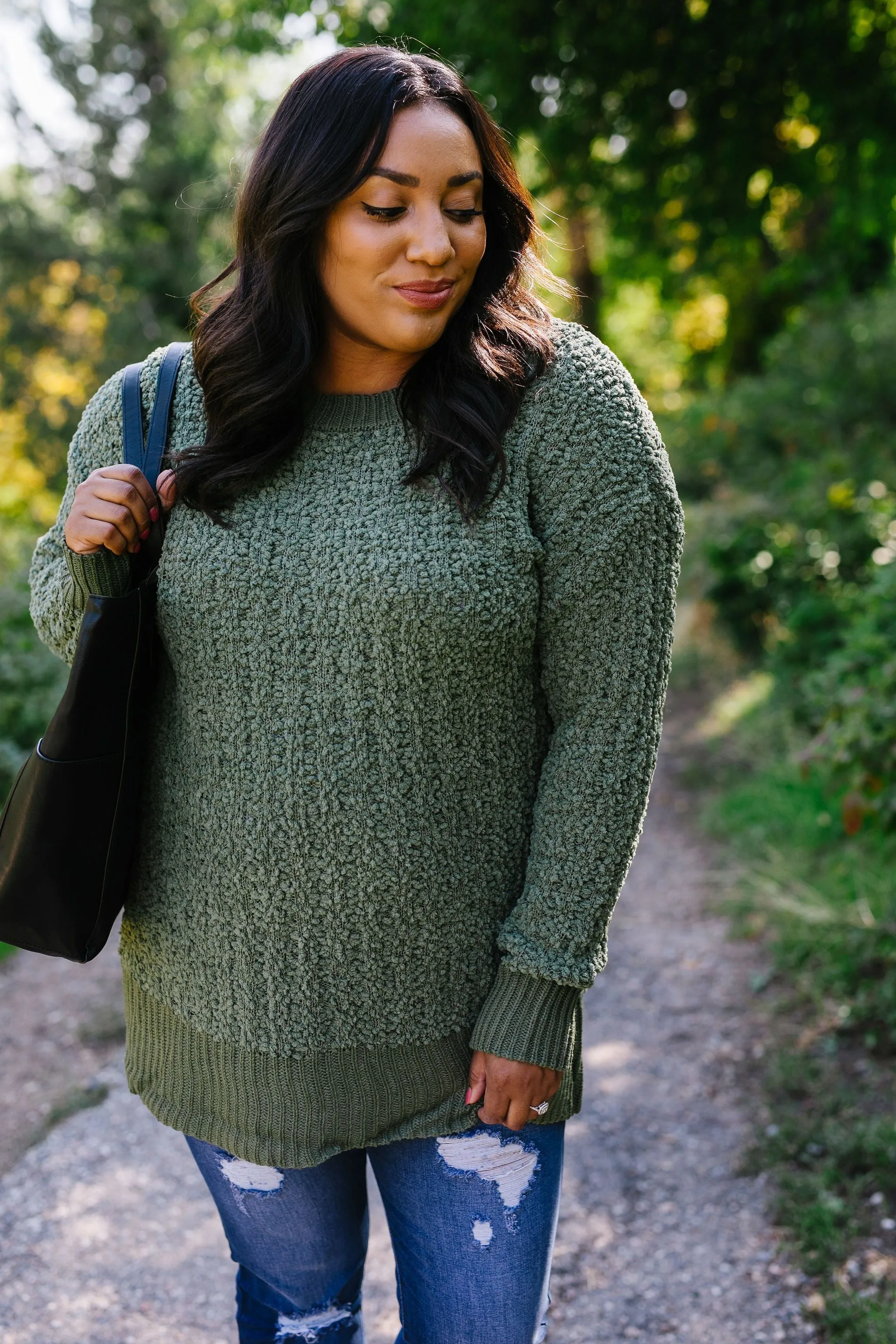 Cable Knit Popcorn Sweater In Olive