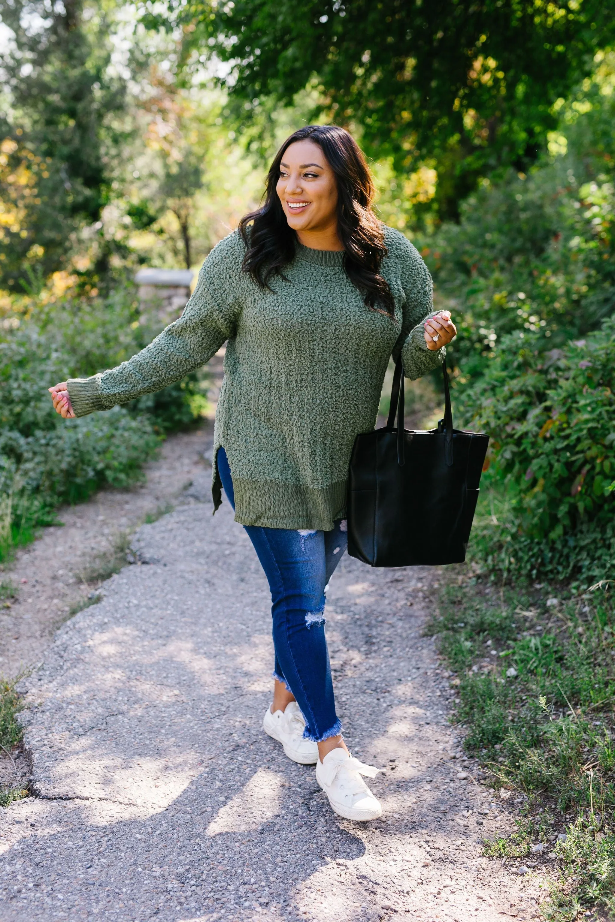 Cable Knit Popcorn Sweater In Olive