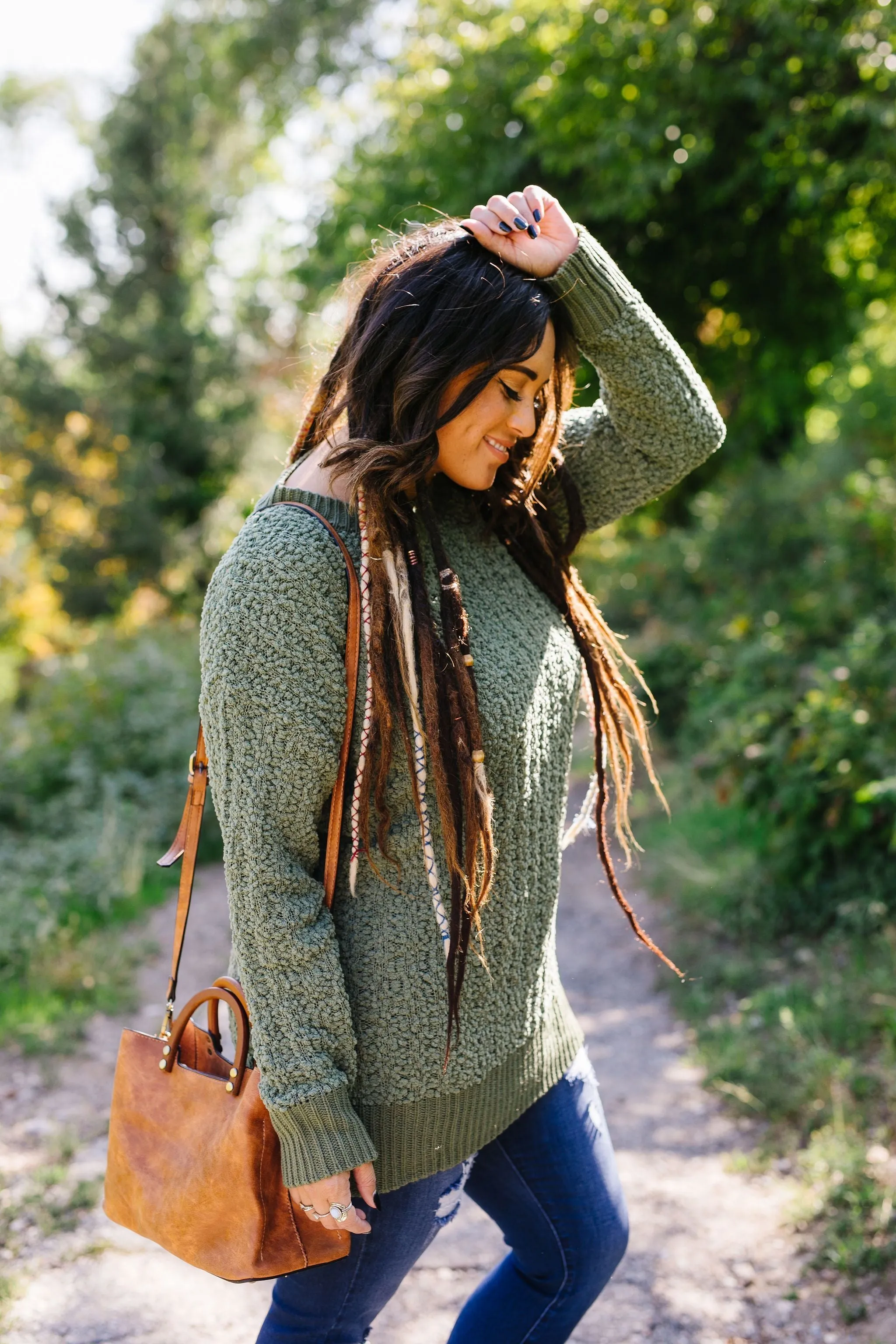 Cable Knit Popcorn Sweater In Olive