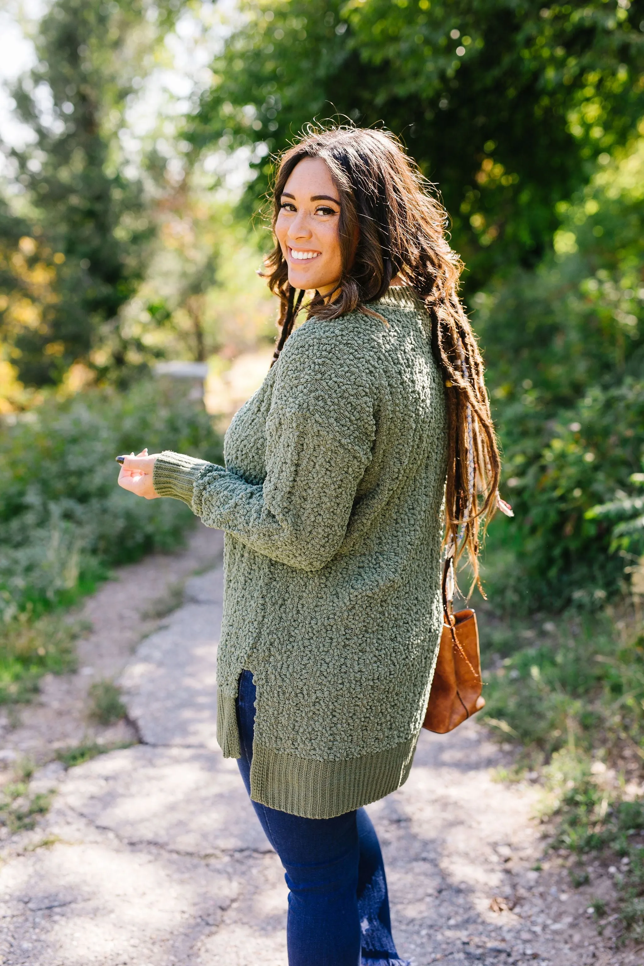 Cable Knit Popcorn Sweater In Olive