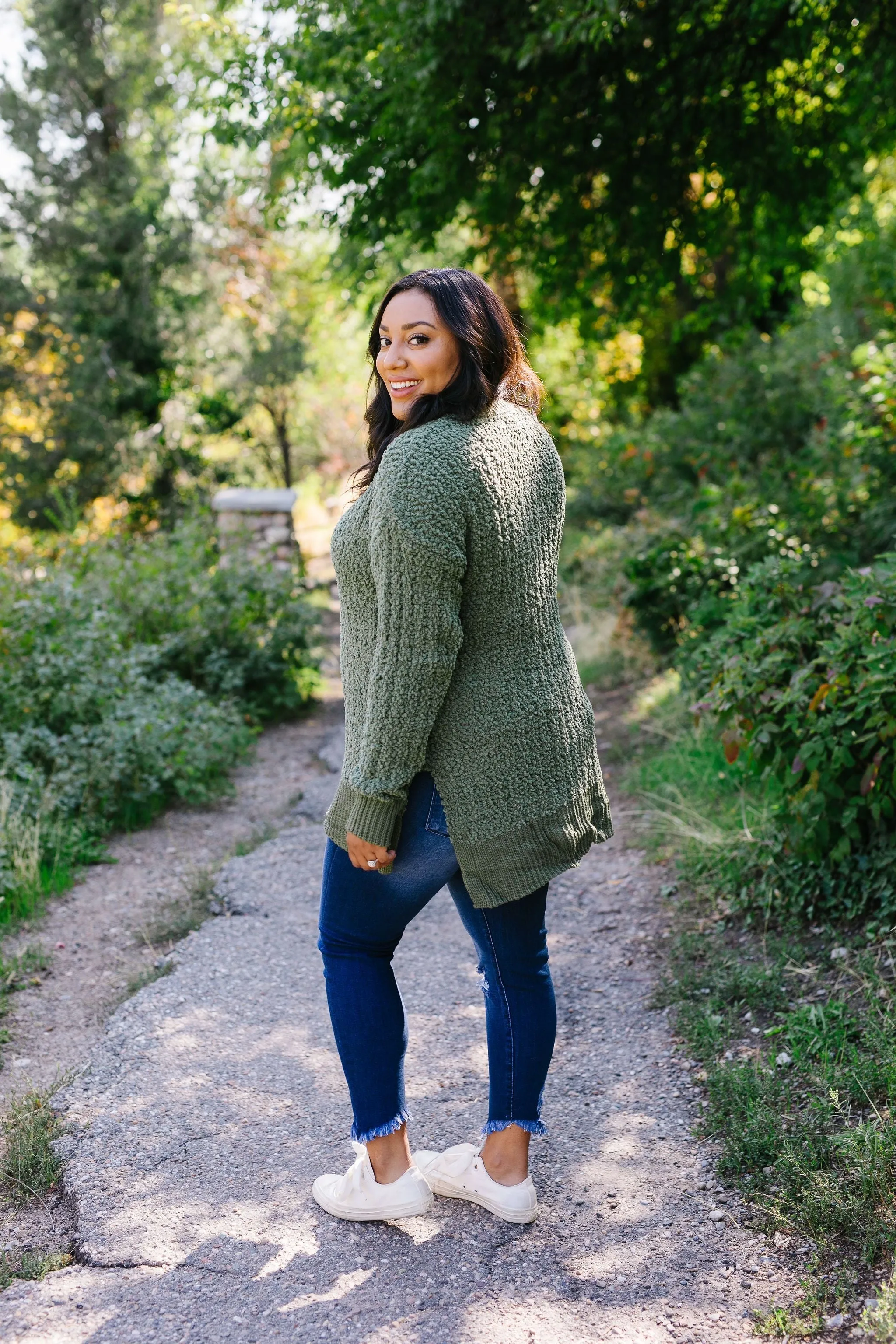 Cable Knit Popcorn Sweater In Olive