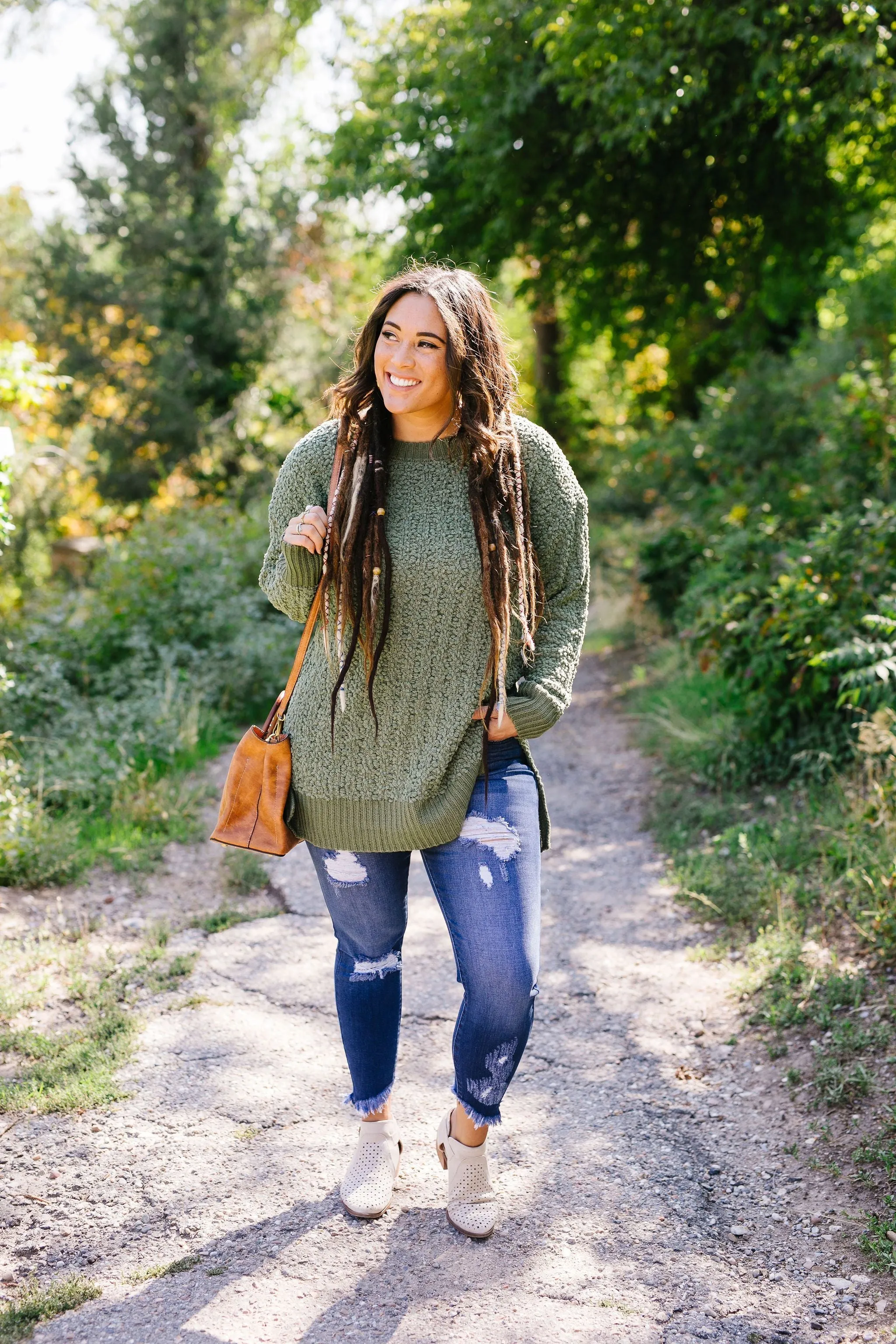 Cable Knit Popcorn Sweater In Olive