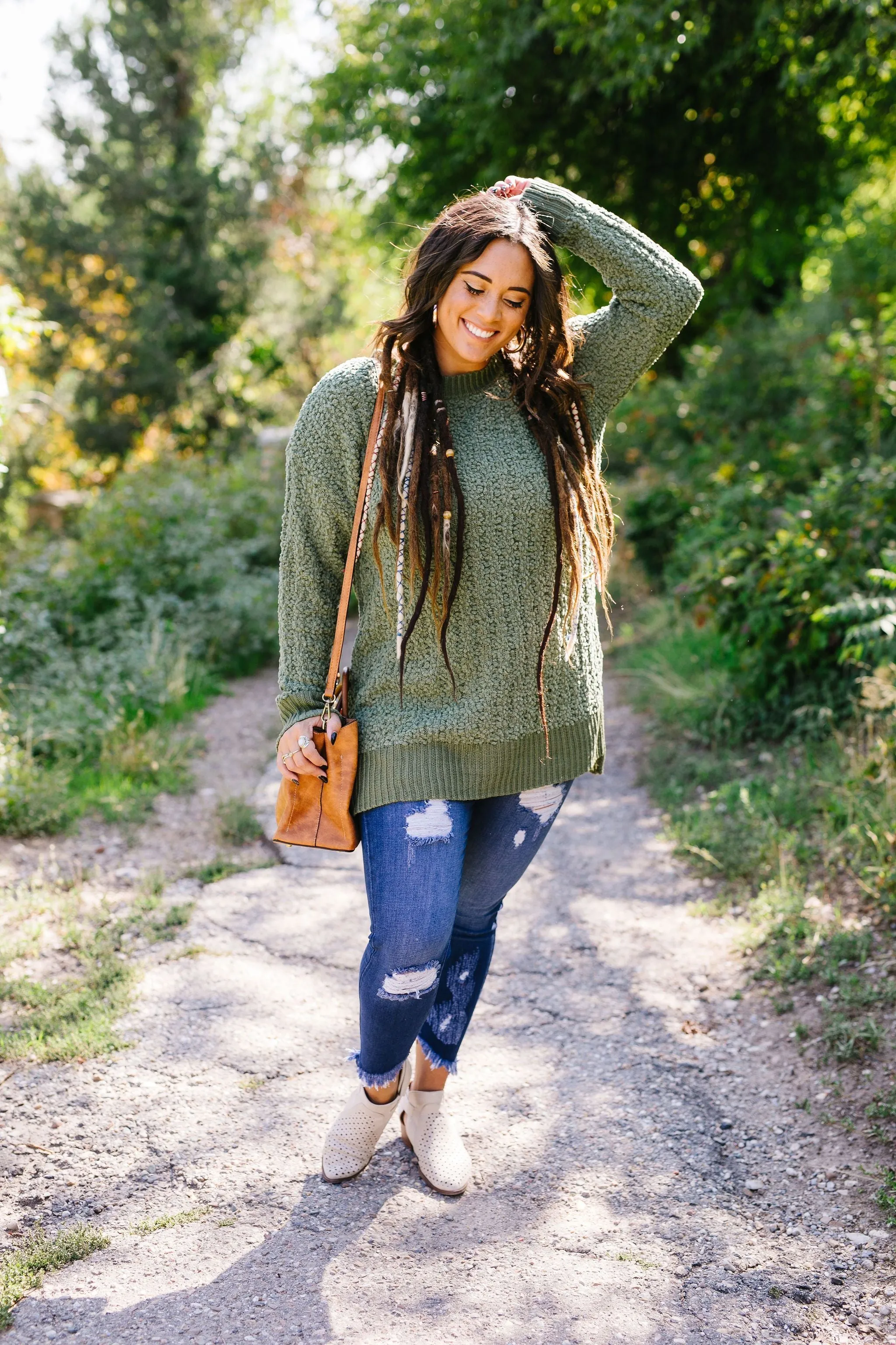 Cable Knit Popcorn Sweater In Olive