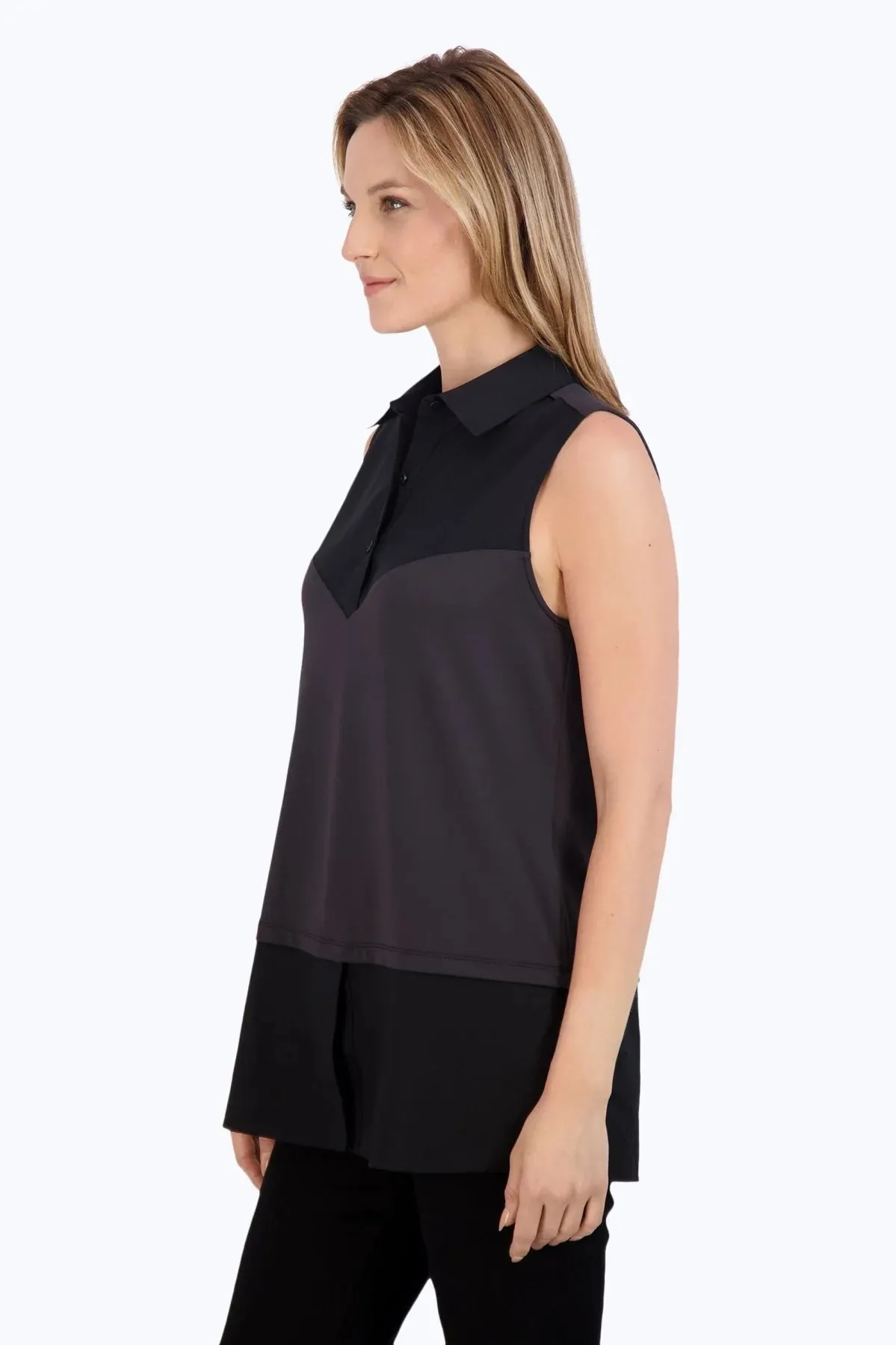 Collared Tunic Length Layering Tank, Black