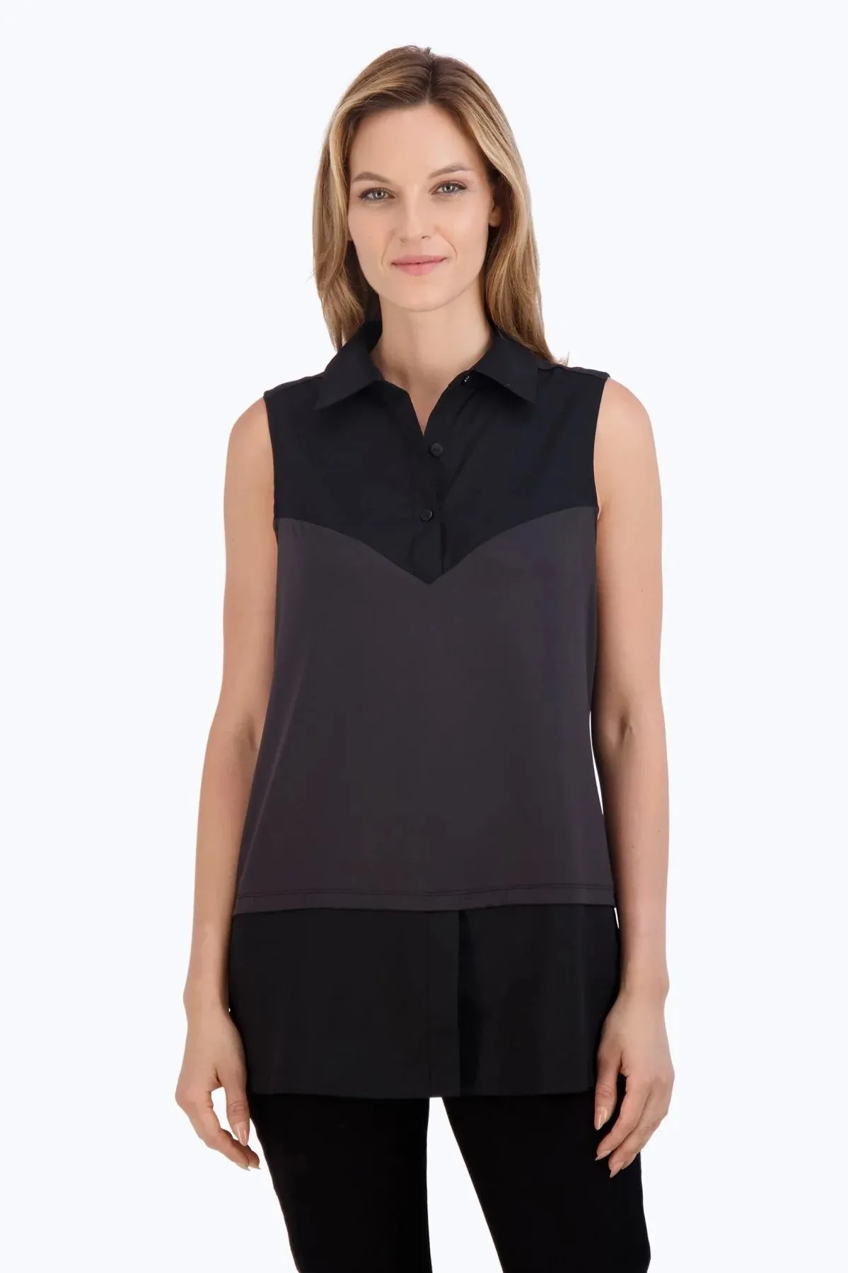 Collared Tunic Length Layering Tank, Black