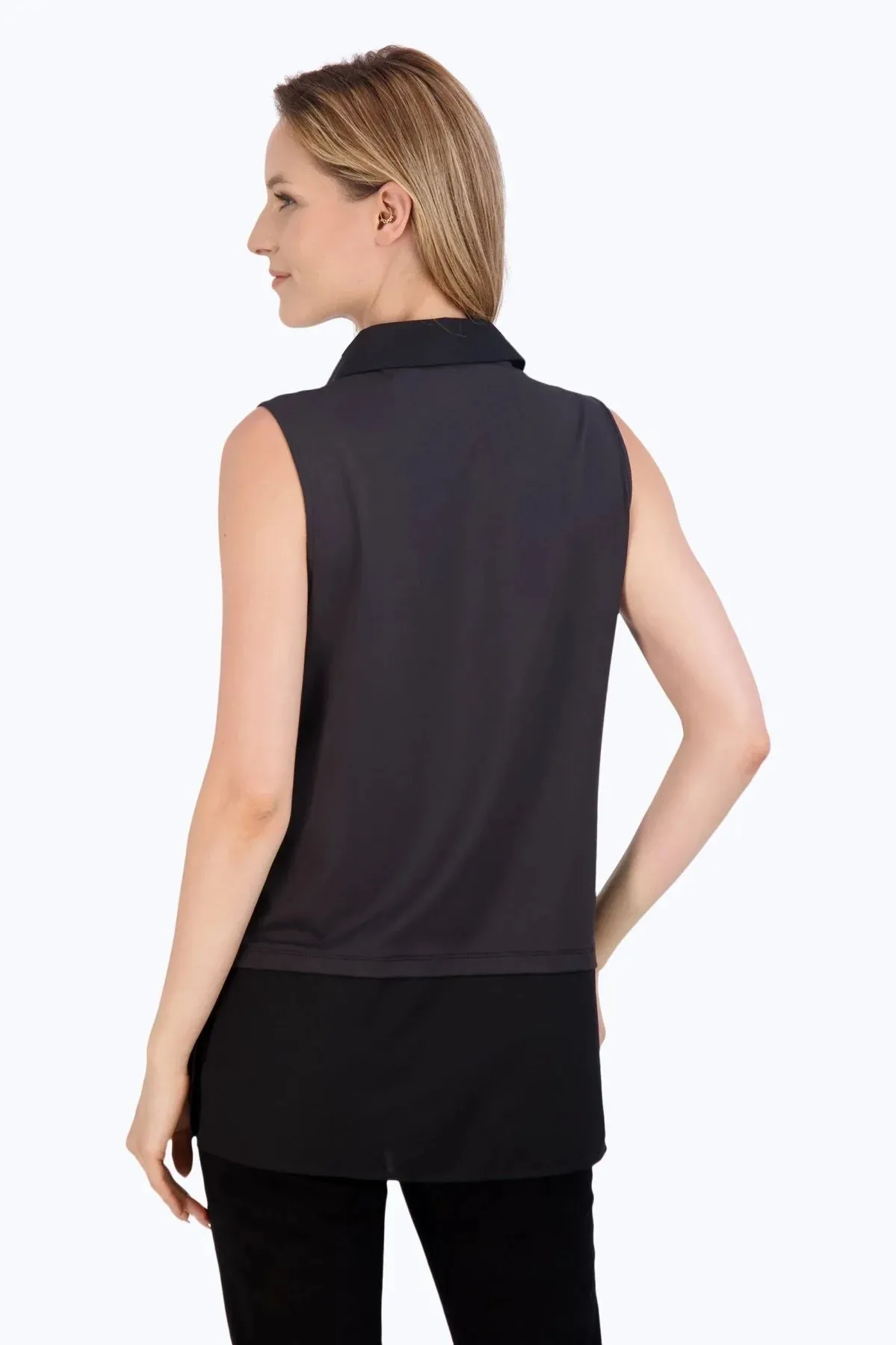 Collared Tunic Length Layering Tank, Black