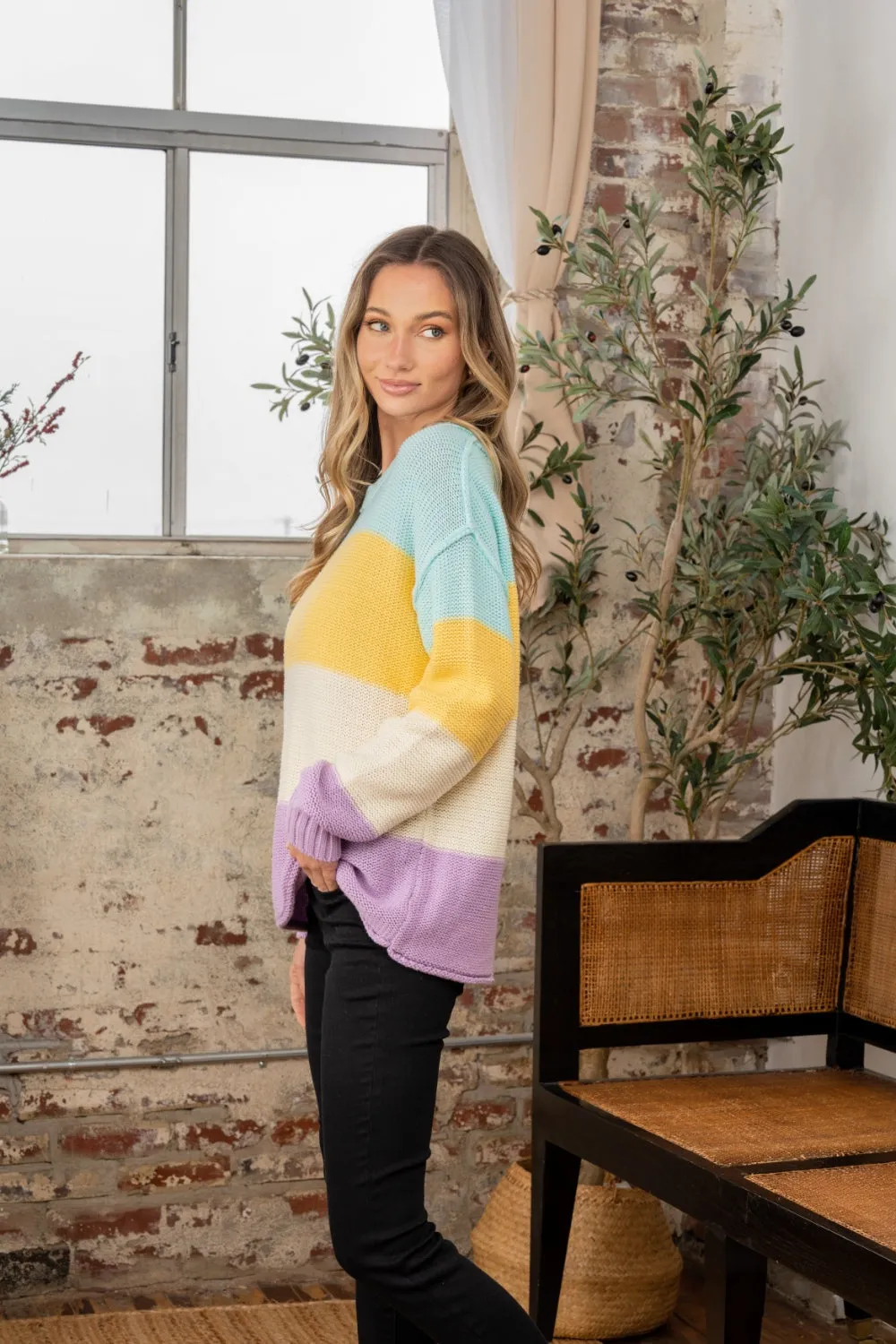 Color Block Exposed Seam Sweater Yellow/Lilac