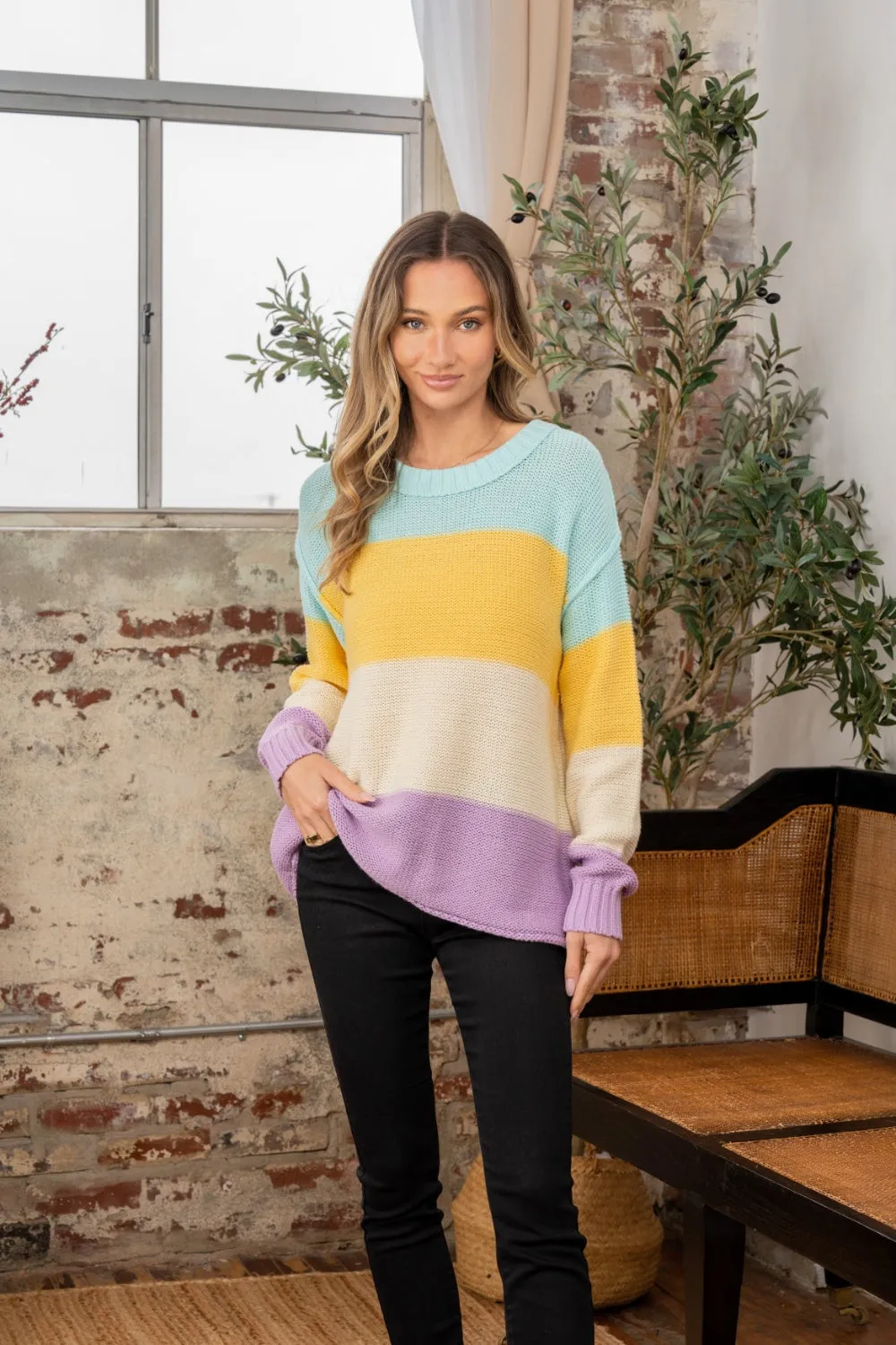 Color Block Exposed Seam Sweater Yellow/Lilac