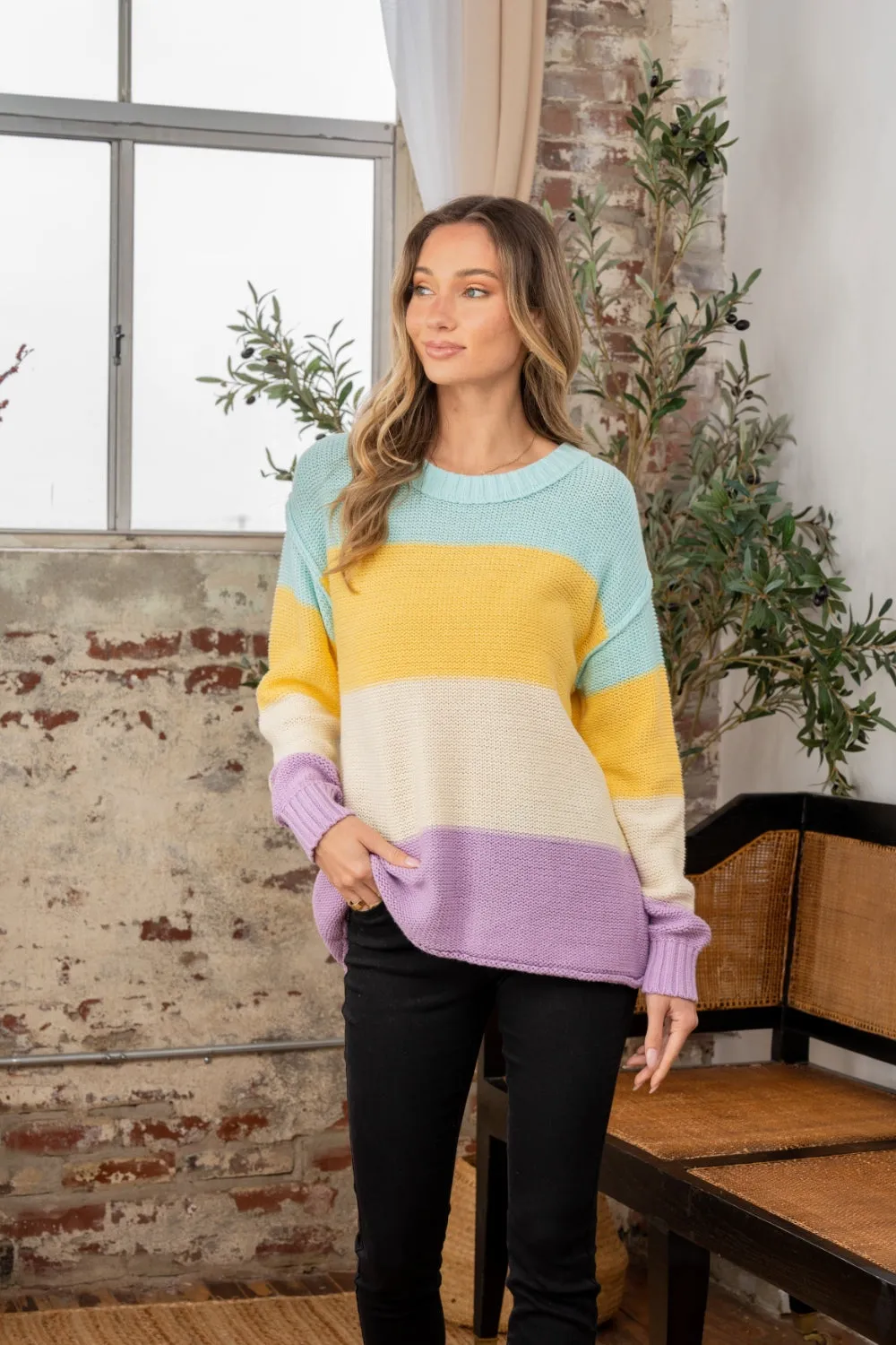 Color Block Exposed Seam Sweater Yellow/Lilac