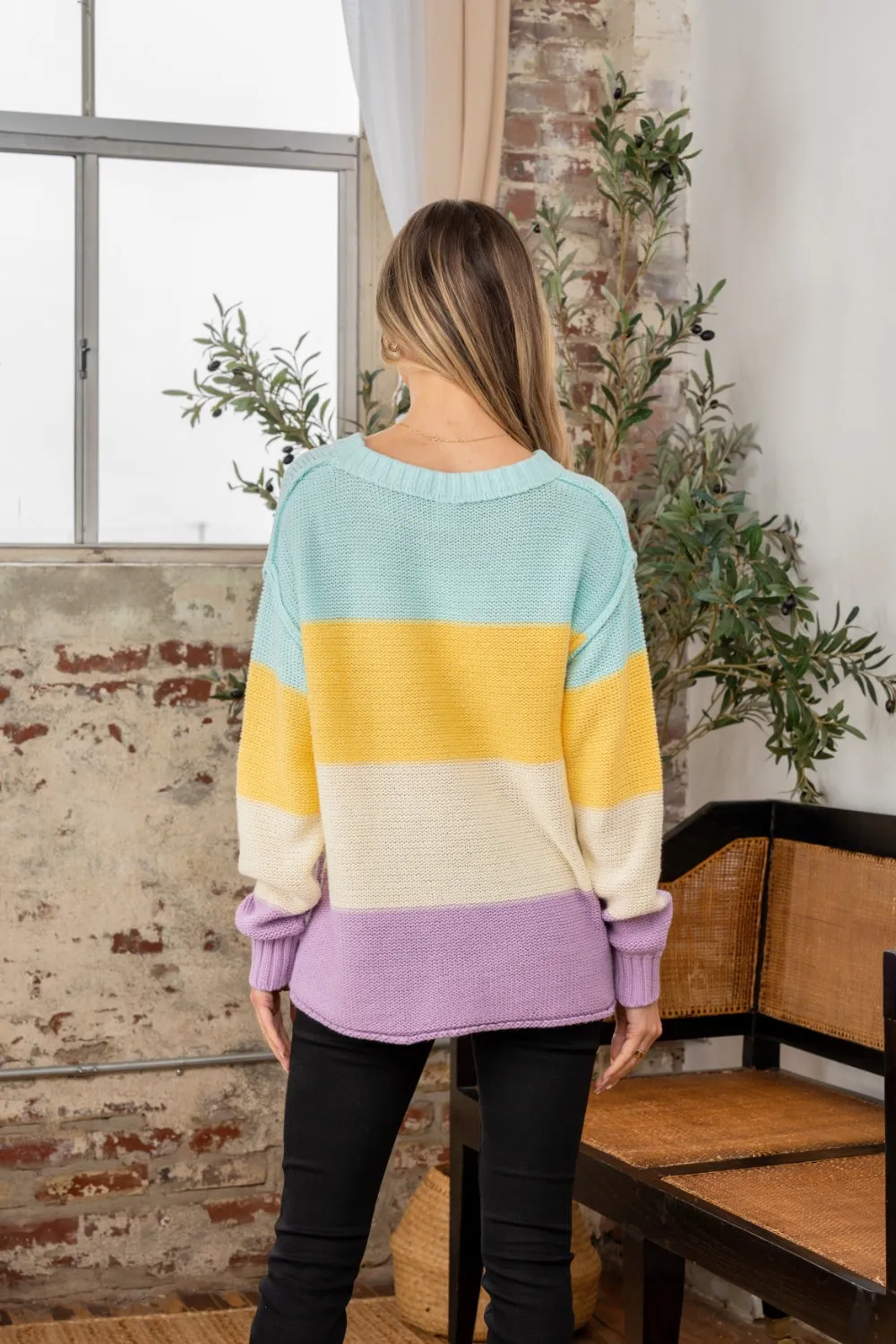 Color Block Exposed Seam Sweater Yellow/Lilac