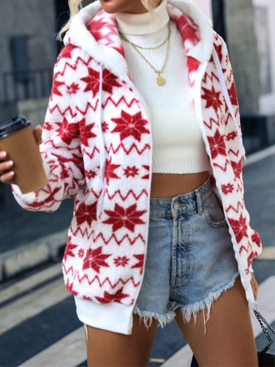 Cozy Christmas Poinsettia Zip Up Hooded Jacket