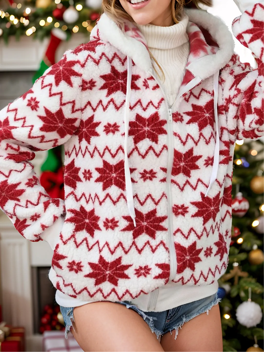 Cozy Christmas Poinsettia Zip Up Hooded Jacket