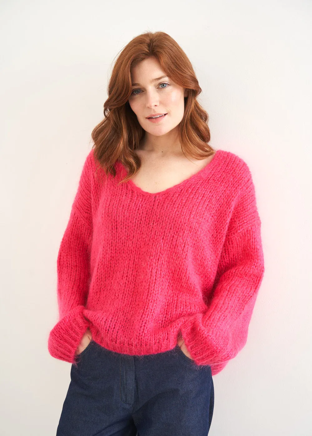 DORA CHUNKY KNIT V-NECK SWEATER - PINK