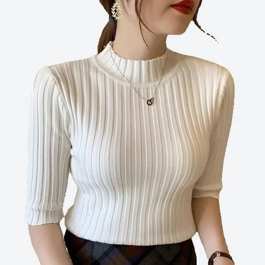 Elegant Ribbed Mock Neck Half-Sleeve Tops