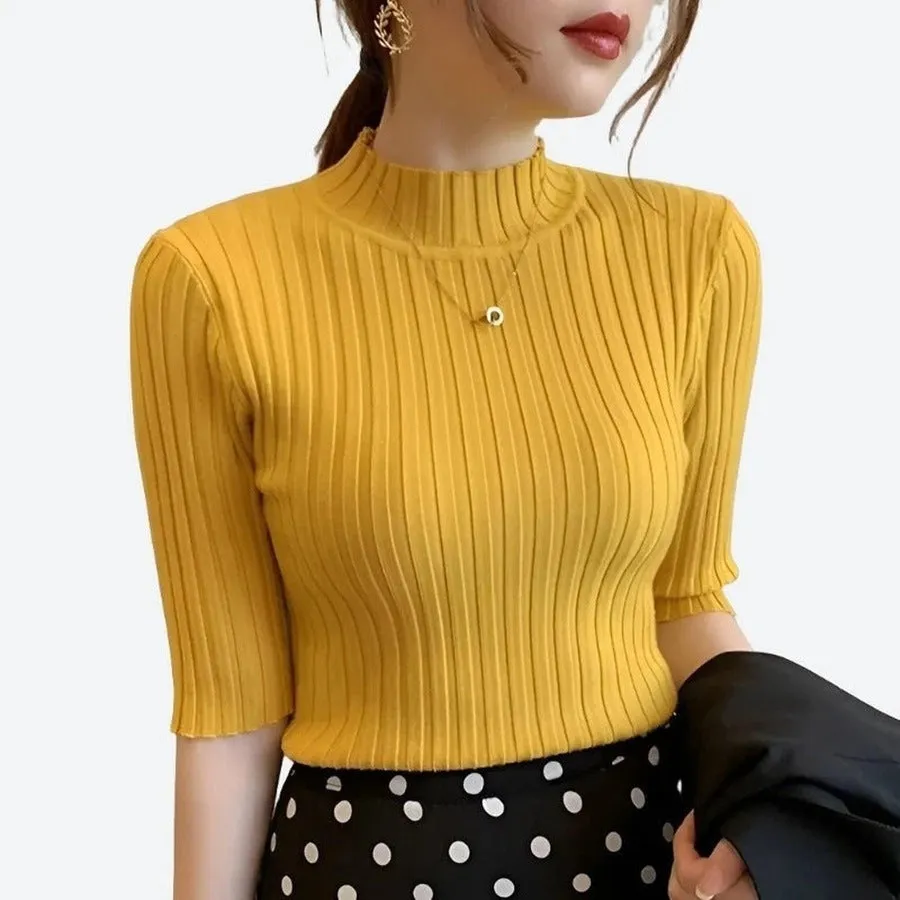 Elegant Ribbed Mock Neck Half-Sleeve Tops