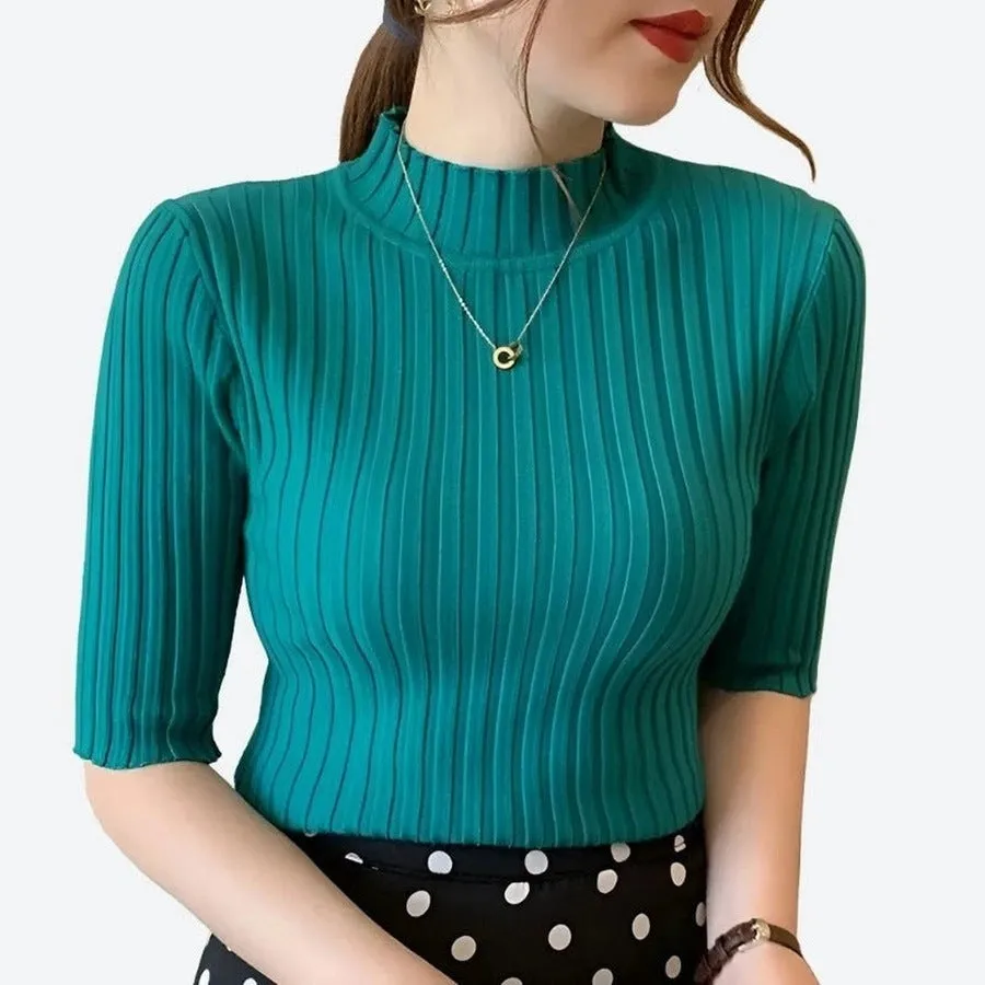 Elegant Ribbed Mock Neck Half-Sleeve Tops