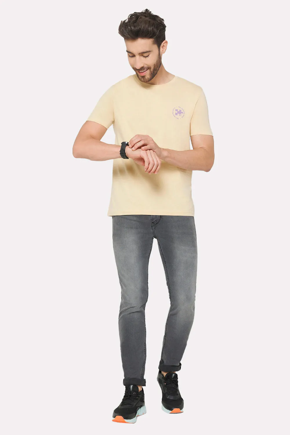 Enhance Men's Printed Crew Neck Casual T-Shirt - Beige - TS30