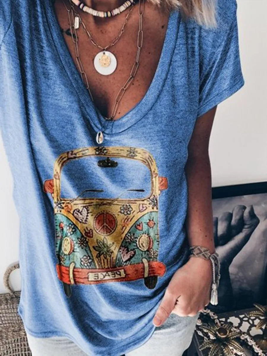 Fashion V-neck Loose Short Sleeve Top