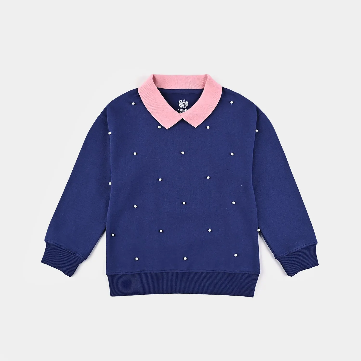 Girls Cotton Terry Sweatshirt Pearls-Navy Blue