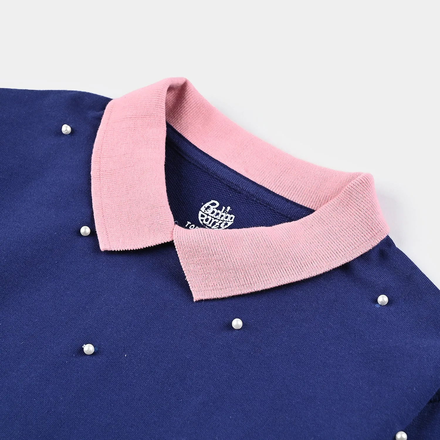 Girls Cotton Terry Sweatshirt Pearls-Navy Blue