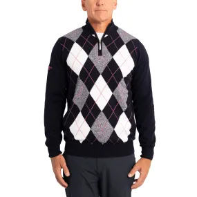 Glenmuir Lauder Quarter Zip Diamond Argyle Cotton Golf Pullover - Navy/ White